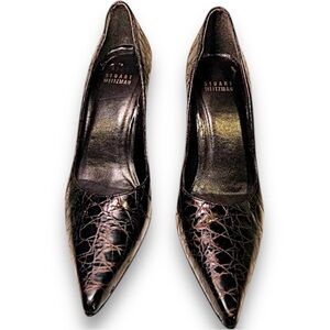 EUC Vintage Stuart Weitzman leather pointed toe brown emboss-croc pumps Sz 8W/7N